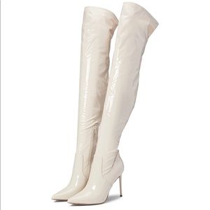 Steve Madden Stiletto pointed toe thigh high faux patent leather boots -COGNAC.